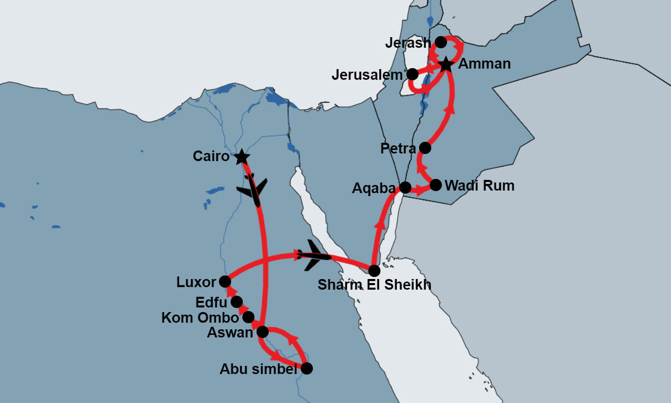14 Day Pyramids, Petra and Jerusalem Package map 14 Day Pyramids, Petra and Jerusalem Package map